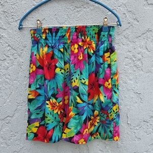 Vintage Blue Cabana Hawaiin Tropical Flower Print Shorts With Pockets